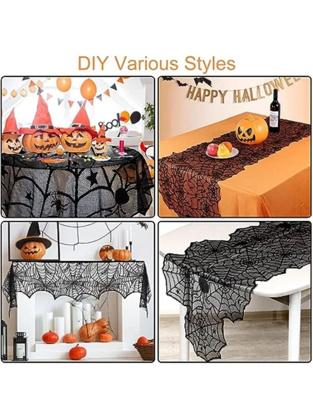 Halloween Spiderweb Tablecloth Runner Fireplace Scarf Lampshade Bats